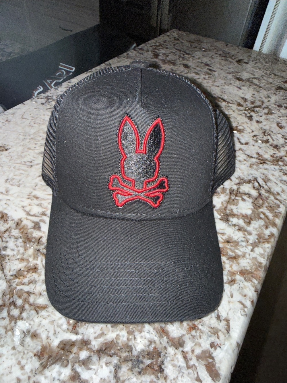 Psycho Bunny Kids Black Cap with Red Skull Bunny Patch